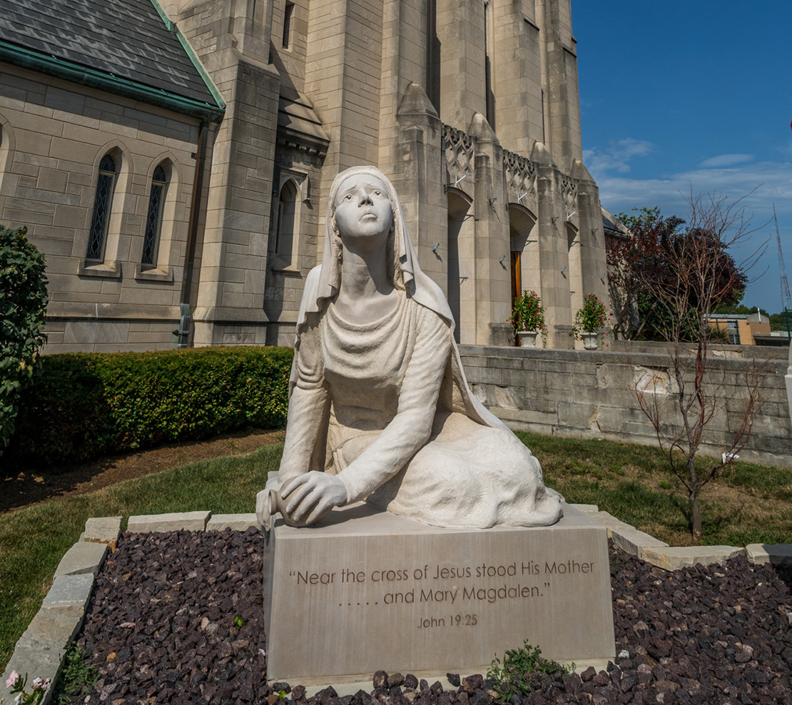The sculpture of the “Apostle to the Apostles” was installed last year in front of the church on Manchester Road at Brentwood Boulevard. The design is taken from the crucifixion scene in the church. A St. Louis artist, Abraham Mohler, sculpted it from a block of limestone. The 10,000-pound statue honors the power of Christ working through St. Mary Magdalen.