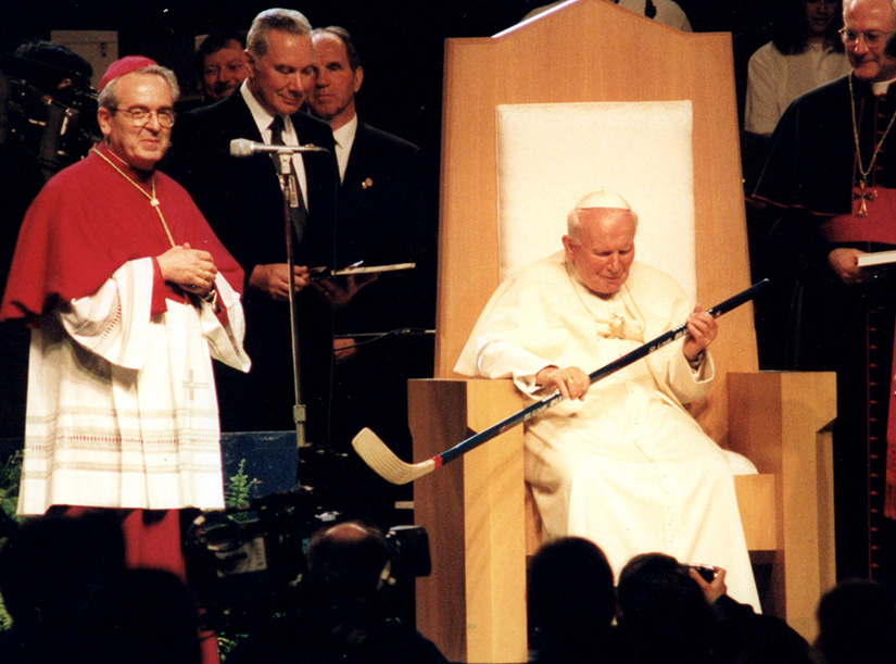 Pope John Paul II was presented with a hockey stick at the papal youth rally at Kiel Center in 1999.