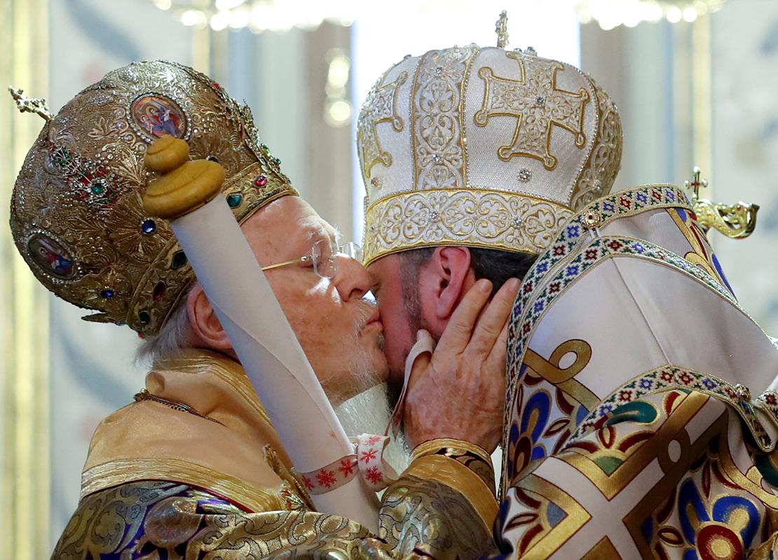 Ecumenical Patriarch Bartholomew of Constantinople kissed Metropolitan Epiphanius, head of the Orthodox Church of Ukraine, Jan. 6, as he handed him a decree granting the Orthodox Church of Ukraine independence, at the Patriarchal Cathedral of St. George in Istanbul, Turkey.