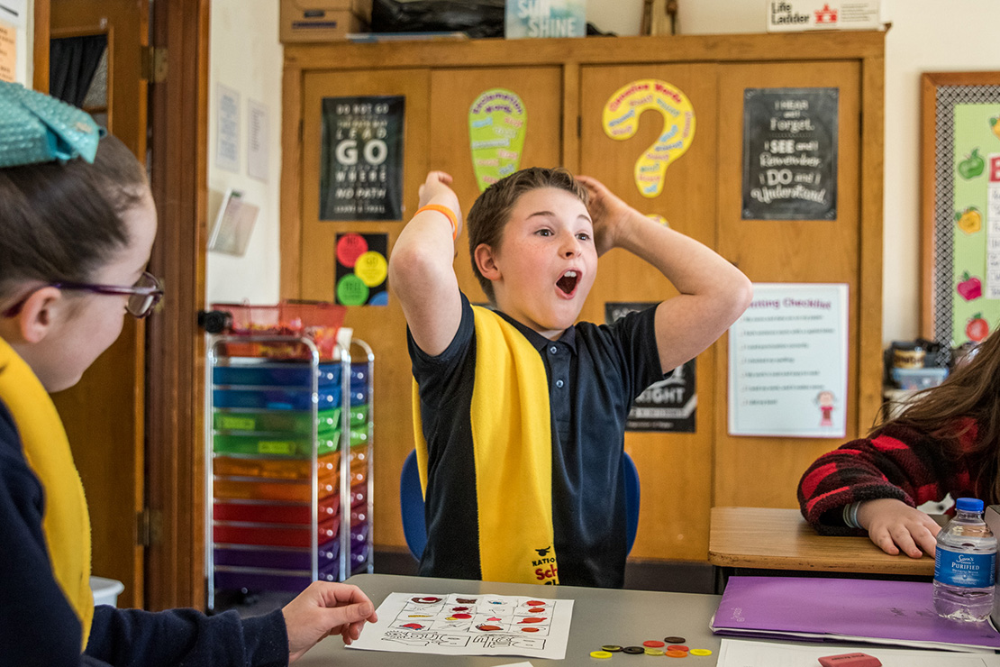 Beau Riddle reacted to winning the final round of “body bingo” in Breanna Juliette’s fourth-grade class at St. Joachim School on Jan. 24. The game helped the students to memorize parts of the human body.