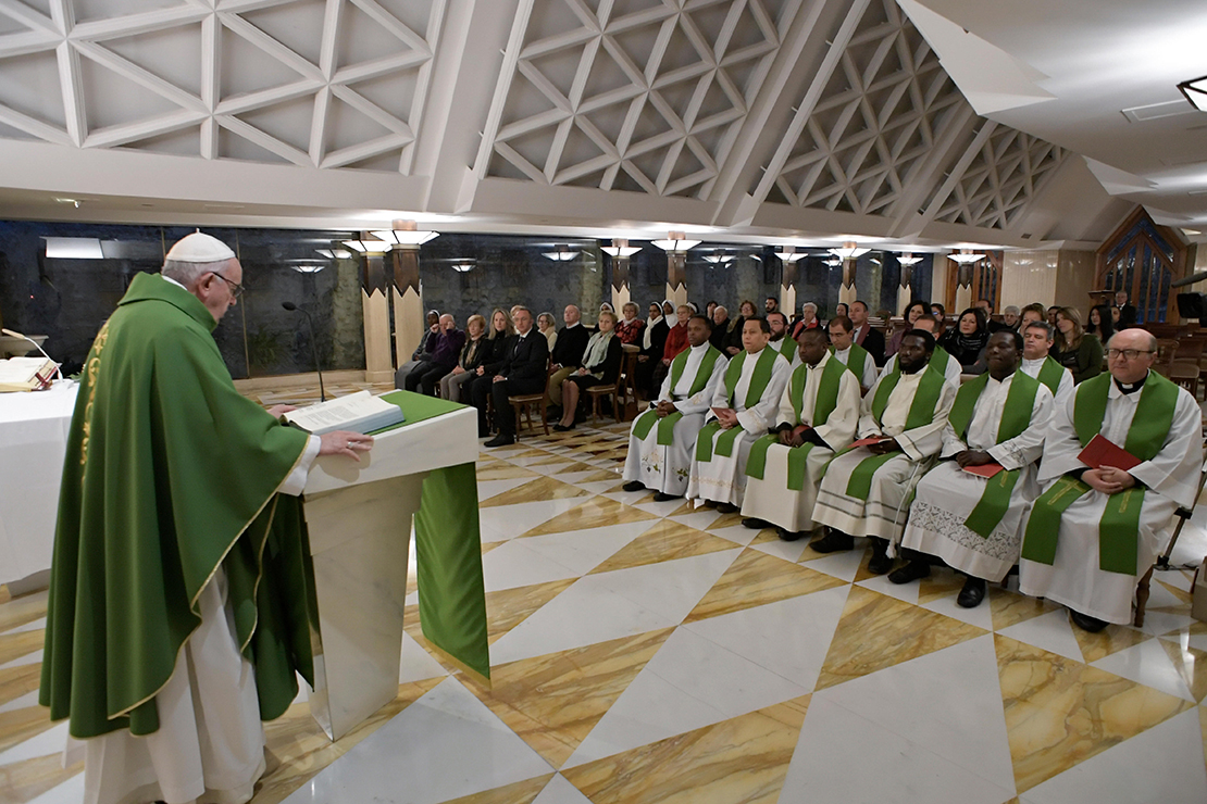 Pope Francis celebrates morning Mass in the chapel of his residence, the Domus Sanctae Marthae, at the Vatican Feb. 7, 2019. In the homily, the pope said that just as Jesus sent the apostles out to preach telling them to take nothing but a walking stick, Jesus wants pastors to be shepherds who feed their flock and not use them to climb the social ladder.