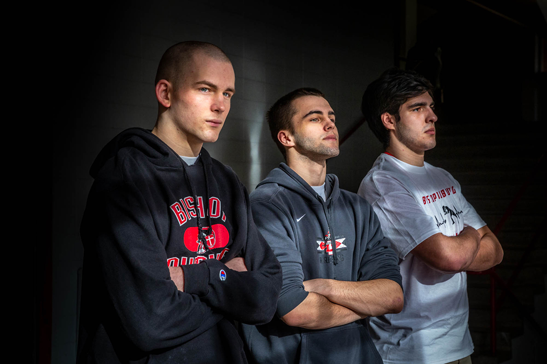 Bishop DuBourg High School’s wrestling program, in just its second year, sent three wrestlers to the state tournament, from left, Luke Enright, Grant Pawlak and Jacob Bader. The three had no experience wrestling before joining the team at DuBourg.