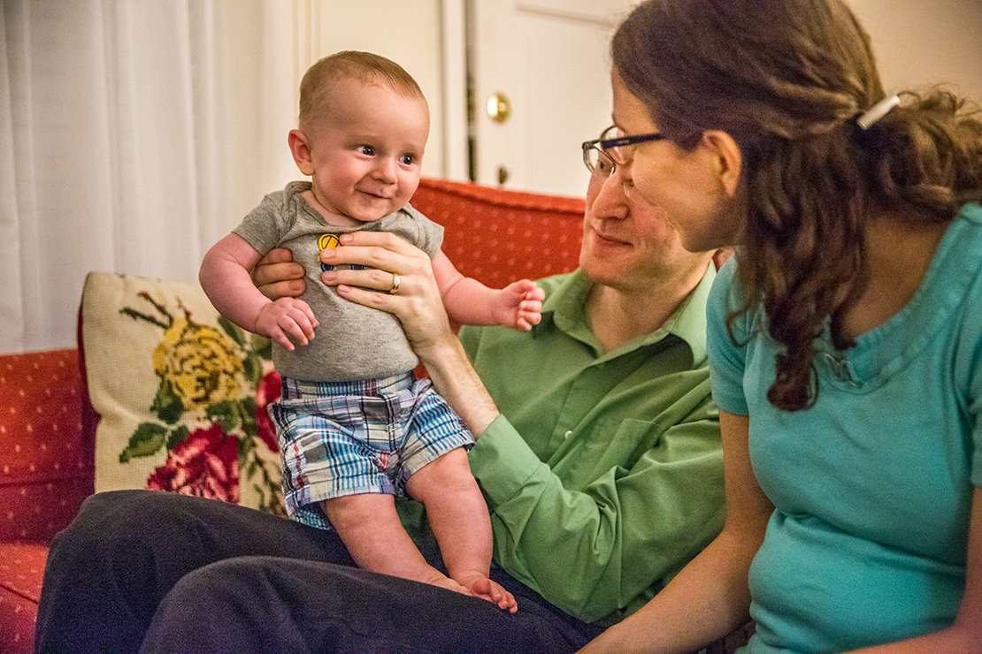 Linda Probst and her husband, Rudy, with their 4-month-old son, Isaac, in their home on July 28, 2018. Rudy and Linda Probst have researched ethically created vaccines to use for their son.