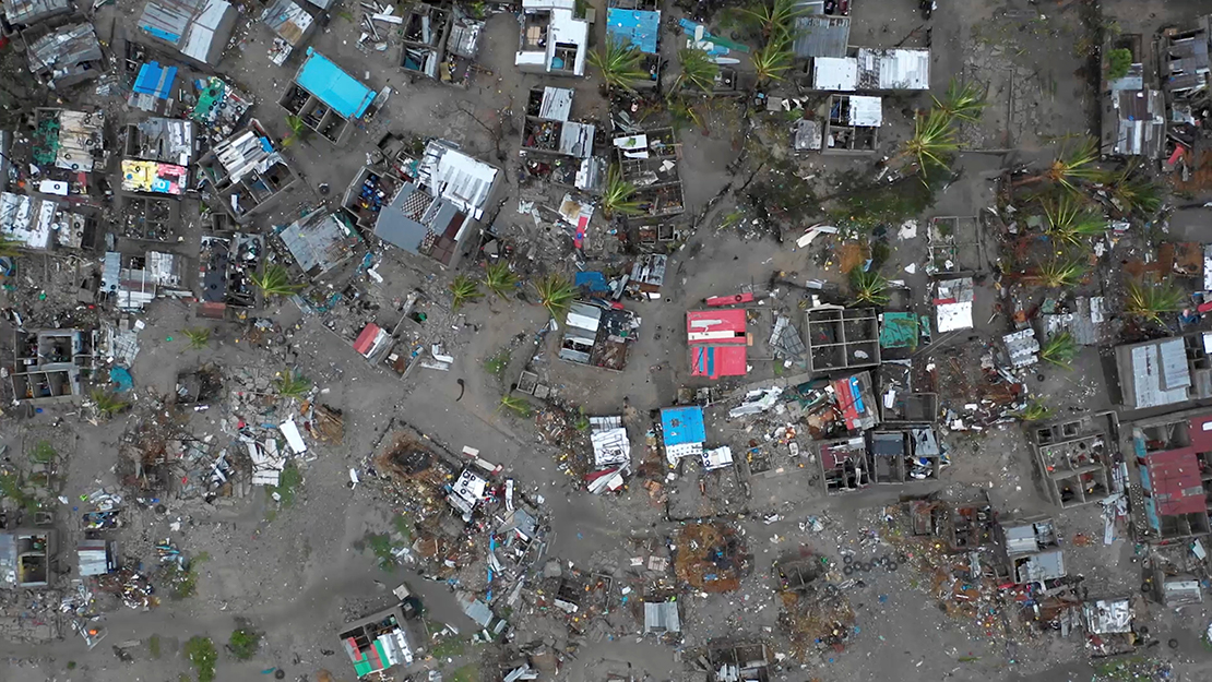 An aerial view taken March 19 shows destruction from Cyclone Idai in Beira, Mozambique. Hundreds were feared dead in Mozambique four days after a cyclone slammed into the country, submerging entire villages and leaving bodies floating in the floodwaters, the nation’s president said.