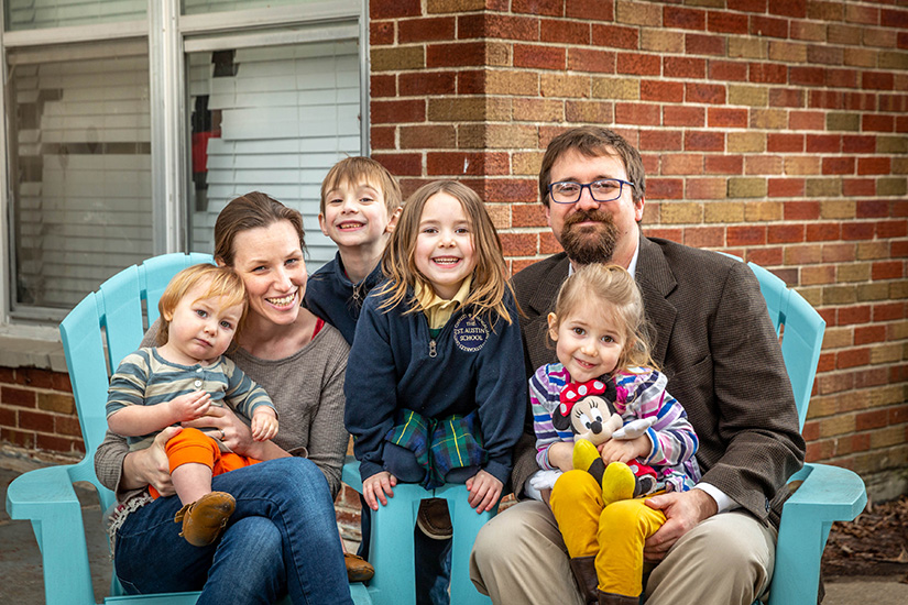 The Gelzer-Govatos family: parents Asher and Leslie and children Owen, 7, Violet, 6, Eliza, 3, and Edmund, 17 months.