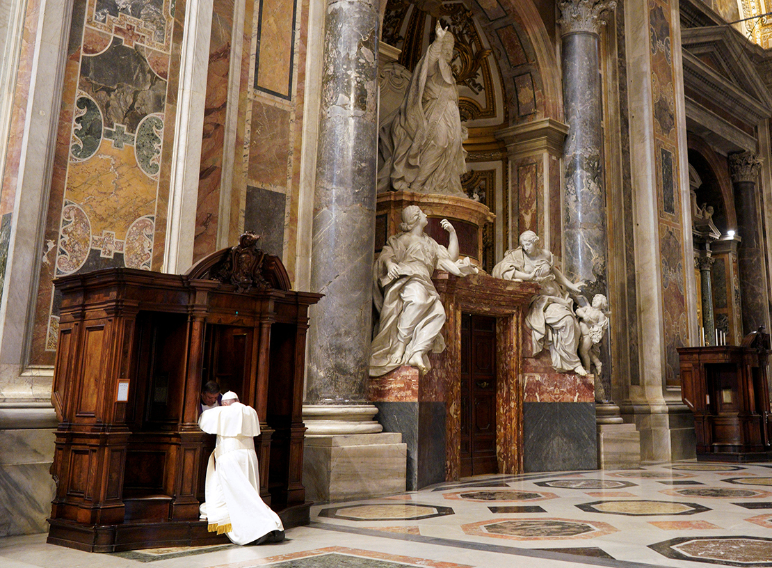 A priest heard Pope Francis’ confession during a Lenten penance service in St. Peter’s Basilica at the Vatican March 29. At the service, the pope said Jesus does not view sinners as transgressors who must be punished according to the law, but as people in need of hope and freedom from sin.