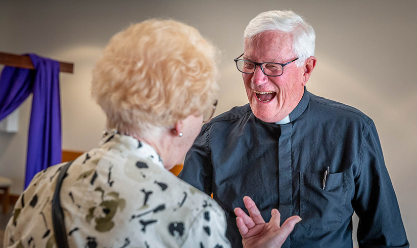 Father Gerald Meier, who is retired and in residence at Holy Spirit Parish in Maryland Heights, talked with Miriam Woodruff before Mass. “He is so funny and personable, but when he is on the altar, he is a holy man. We hope he says here for the rest of his life,” she said.
