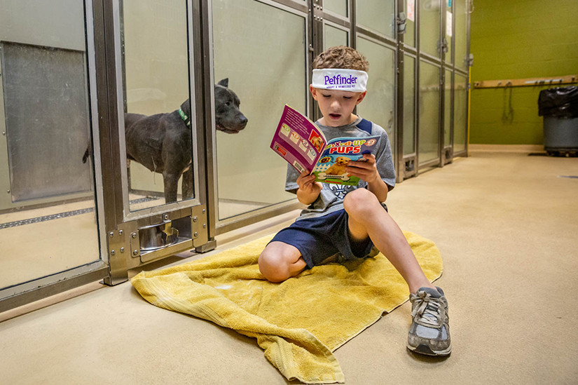 First-grader Evan Adrian read to Winston at the St. Louis County Pet Adoption Center in Olivette April 11. Evan and classmates from Ste. Genevieve du Bois School in Warson Woods volunteered at the center for a school service day.