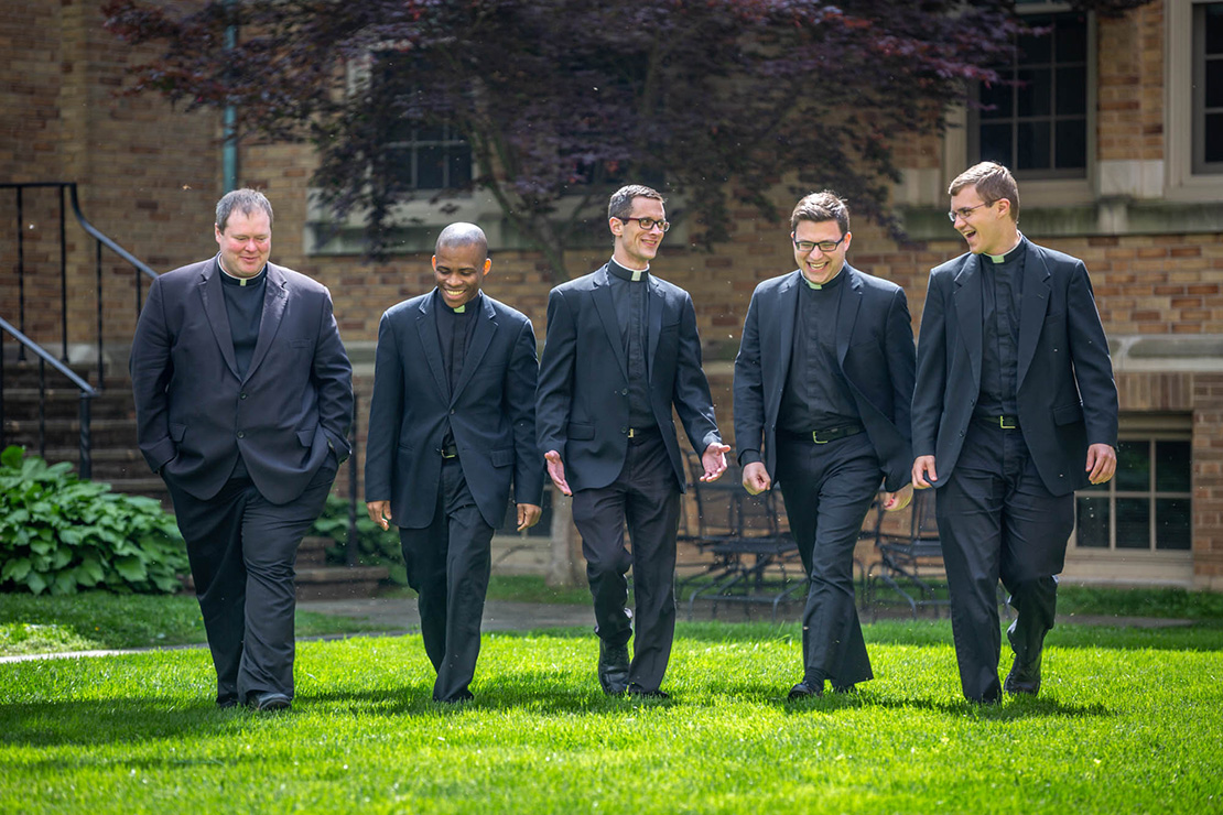 From left, Transitional Deacons Mark Madden, Samuel Inameti, George Staley, Patrick Russell and Tony Ritter will be ordained to the priesthood for the Archdiocese of St. Louis May 25. Also being ordained are Transitional Deacons Andrew Auer and Stephen Schumacher, who are studying in Rome.