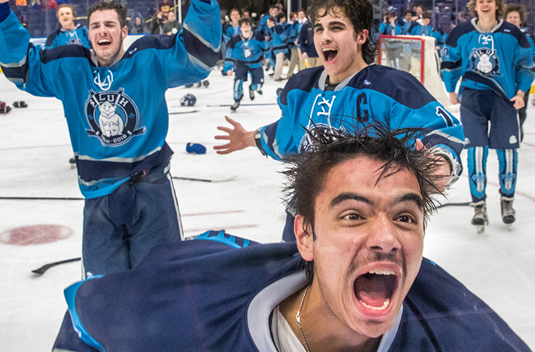 Steven Pawlow and teammates celebrated after the St. Louis University High School Junior Billikens brought home their first Mid-States Challenge Cup championship since 2013. SLUH defeated De Smet Jesuit High School 4-0 March 13 at Scottrade Center.