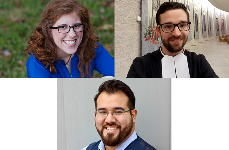 U.S. delegates to the meeting to set priorities for the Synod of Bishops in October; clockwise from top left; Katie Prejean-McGrady, De La Salle Christian Brother Javier Hansen and Nick Lopez.
