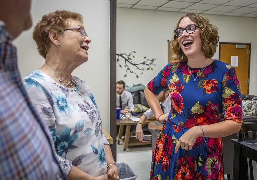 Pam Tholen, an alumna of St. Francis Borgia Regional Catholic School, laughed with her former teacher Kathy Hertlein at the school in Washington.