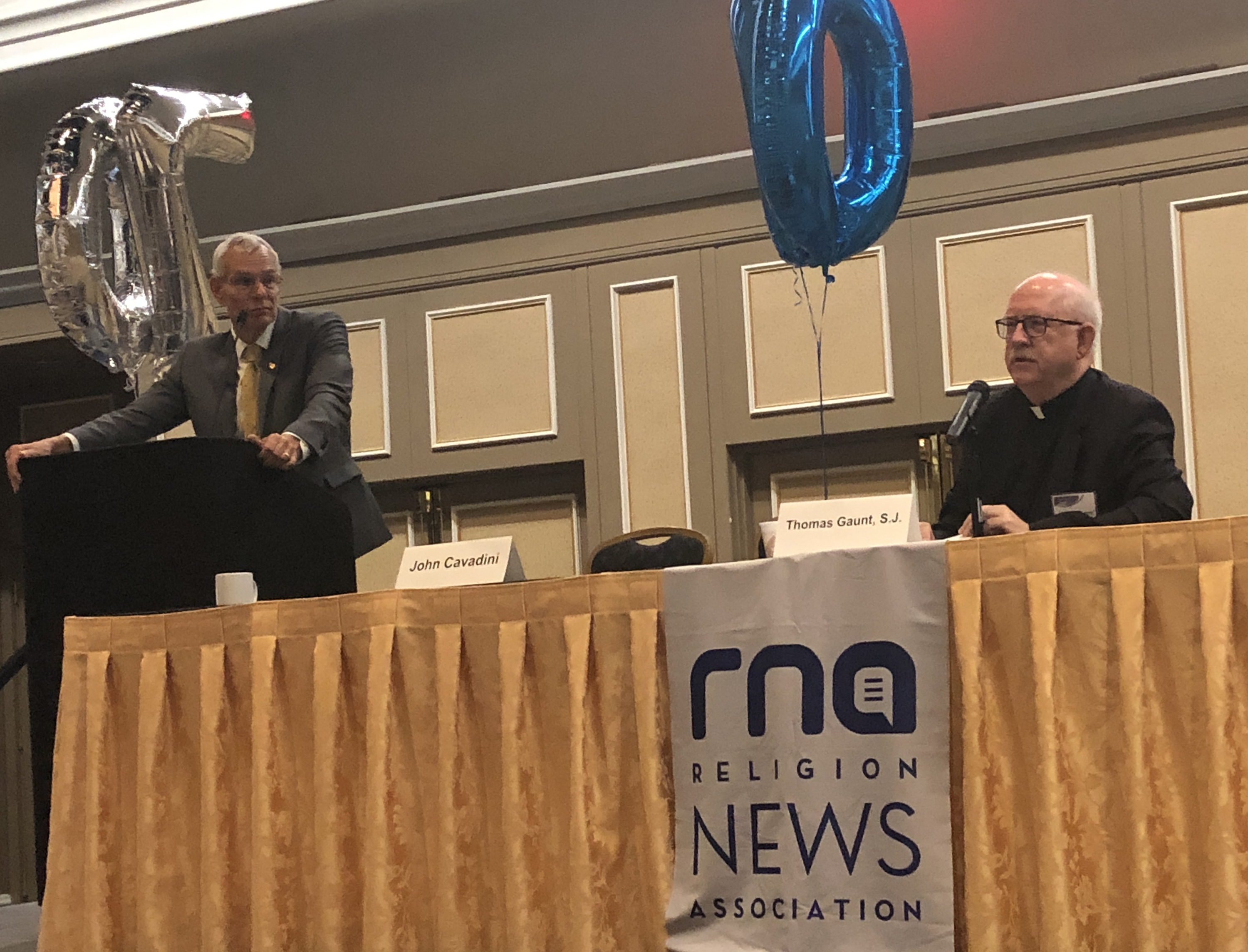 University of Notre Dame professor John Cavadini and Jesuit Father Thomas Gaunt of the Center for Applied Research in the Apostolate took questions from the audience Sept. 21, 2019, during the Religion News Association conference in Las Vegas. They presented findings of their groundbreaking study on sexual harassment in seminaries in the U.S