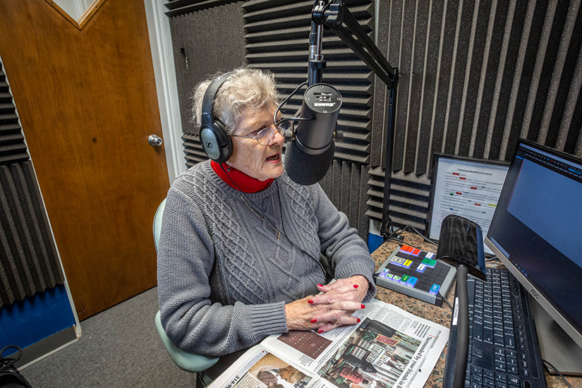 Catherine Vatterott volunteers at MindsEye Radio as a reader of Catholic news from sources such as the St. Louis Review. MindsEye Radio translates vision to audio as a virtual newsstand, connecting people with vision loss to the news and entertainment.