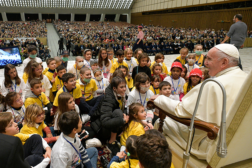 Young patients sat in front of Pope Francis as he led a special audience for patients and workers of Rome’s Bambino Gesu children’s hospital. The audience was in Paul VI hall at the Vatican Nov. 16.
