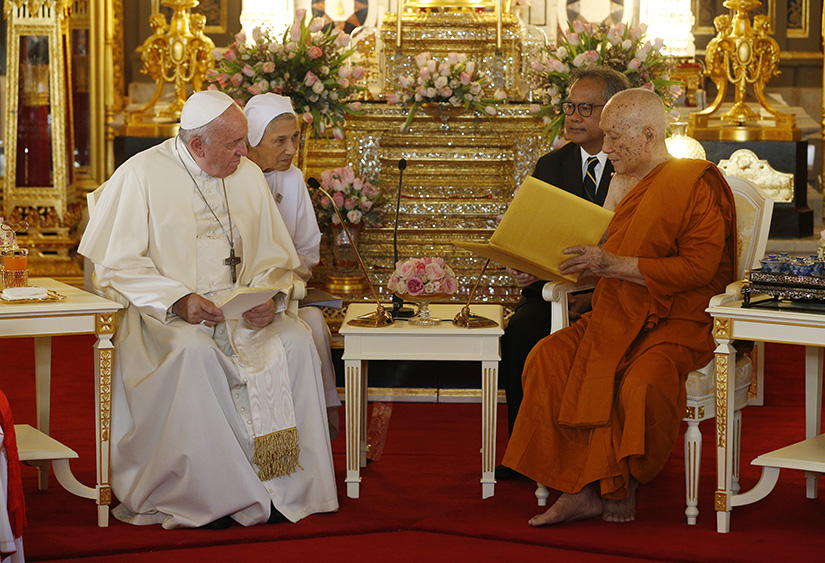 Pope Francis visited with Somdej Phra Maha Muneewong, supreme patriarch of Buddhists, at the Wat Ratchabophit temple in Bangkok Nov. 21.