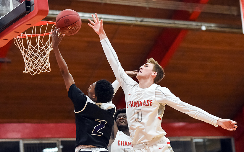 Chaminade’s Luke Kasubke blocked a shot by Parkway North’s Keashon Petty off the glass during the 48th Annual Chaminade Christmas Tournament in 2018.