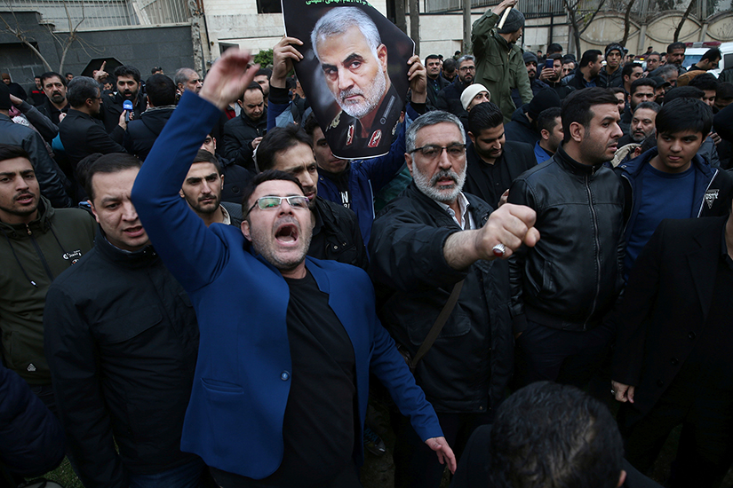 Demonstrators reacted Jan. 3 during a protest in front of U.N. offices in Tehran, Iran, after Iranian Maj. Gen. Qassem Soleimani was killed in a U.S. drone airstrike at Baghdad International Airport earlier that day.