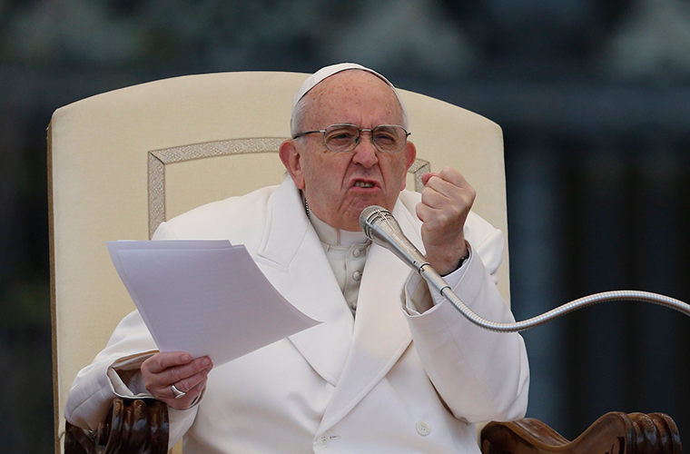 Pope Francis gestures during his general audience in St. Peter’s Square at the Vatican April 4.