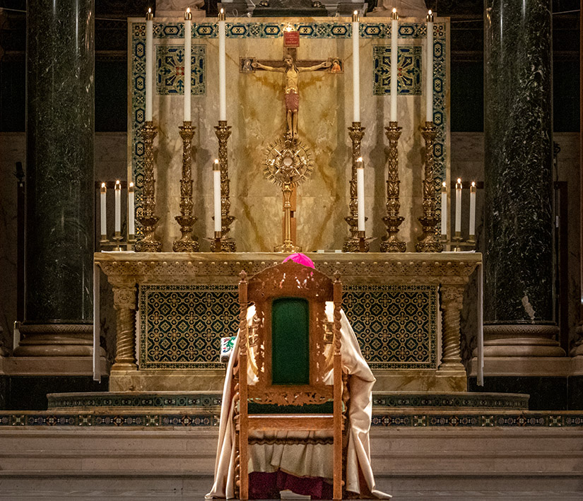 Archbishop Robert J. Carlson installed a new crucifix at Cathedral Basilica of Saint Louis April 3. The installation was part of a prayer service to pray for an end to the COVID-19 pandemic.