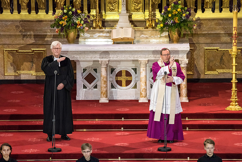 Bishop Heinrich Bedford-Strohm, council president of the Protestant Church in Germany, and Limburg Bishop Georg Batzing, president of the German bishops’ conference, led a service to commemorate the 75th anniversary of the end of World War II at the Berlin cathedral May 8.
