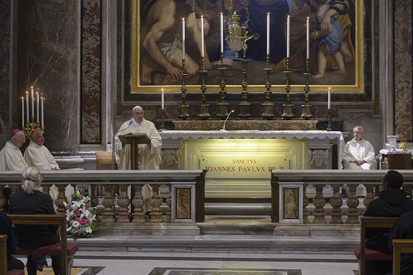 Pope Francis gave the homily at Mass celebrated at the tomb of St. John Paul II in St. Peter’s Basilica May 18, the 100th anniversary of the late pope’s birth.