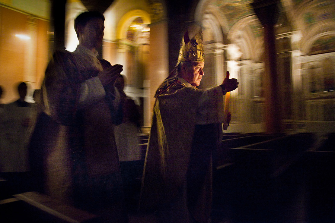 Archbishop Robert J. Carlson processed into the Cathedral Basilica of Saint Louis for Easter Vigil Mass in 2019.