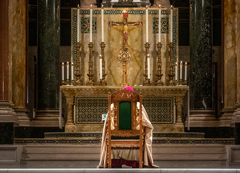 At a holy hour and prayer service April 3, Archbishop Robert J. Carlson blessed and installed a new crucifix at the Cathedral Basilica of Saint Louis. The crucifix is a testament to the faith of the people of the archdiocese during the pandemic.