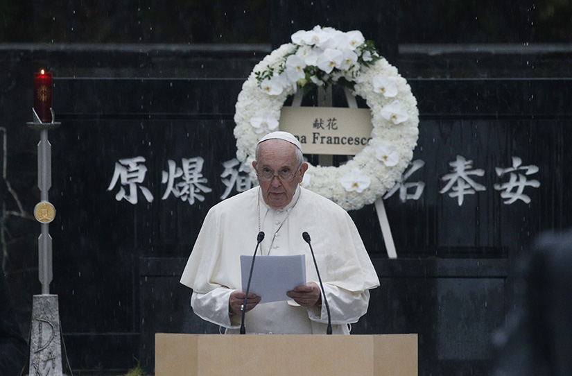 Pope Francis delivered a message about nuclear weapons at Atomic Bomb Hypocenter Park in Nagasaki, Japan, during his pastoral visit to Japan Nov. 24, 2019. The pope has made several calls for nuclear disarmament during his pontificate.