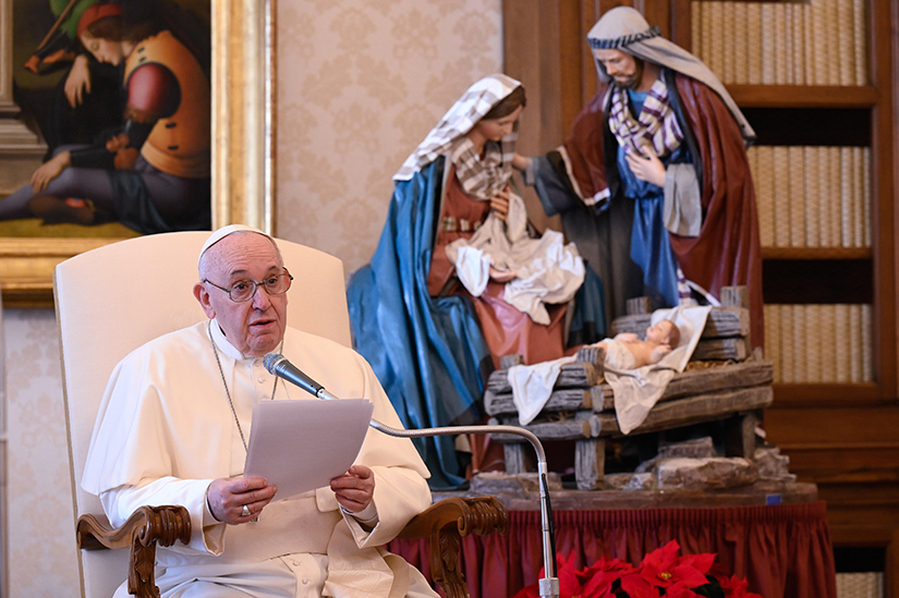 Pope Francis spoke during his general audience in the library of the Apostolic Palace at the Vatican Dec. 16.