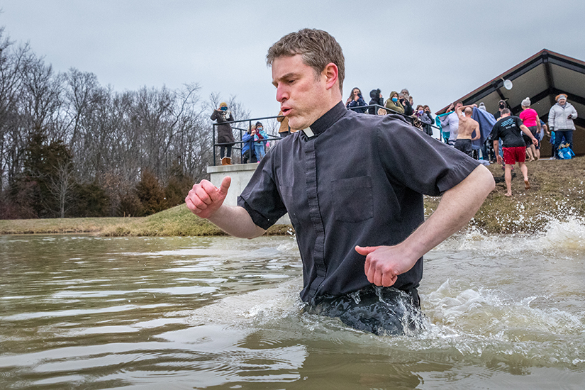 Father Timothy Foy, pastor of St. John the Baptist Parish in Guildahaus, took the polar plunge at Veterans Memorial Park in Union on Jan. 9.

