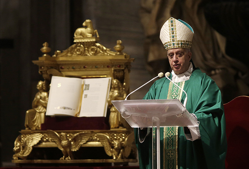 Archbishop Rino Fisichella celebrated Mass marking Sunday of the Word of God in St. Peter’s Basilica at the Vatican Jan. 24. Pope Francis had been scheduled to celebrate the Mass but was not present due to a bout of sciatica.