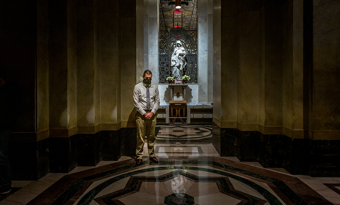 Logan Santschi prepared for the sacrament of reconciliation at the Cathedral Basilica of Saint Louis in November.