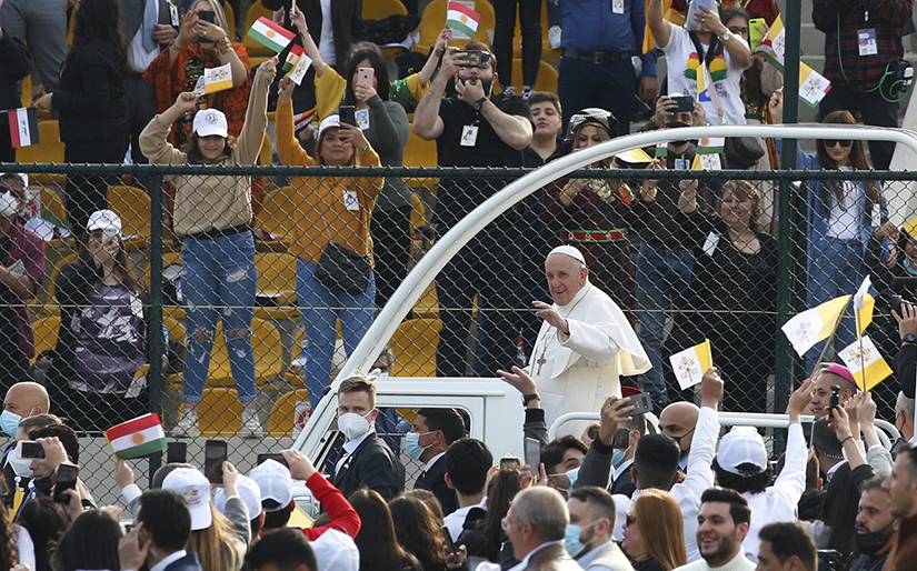 Pope Francis greeted a crowd before celebrating Mass at Franso Hariri Stadium in Irbil, Iraq, on March 7.