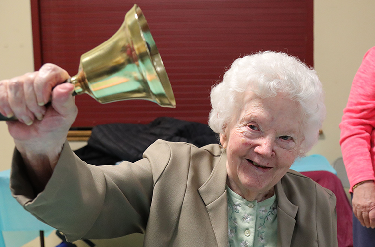 Leona Scharfenberg, 94, donated this century-old school bell back to St. John’s-Gildehaus School after keeping it safe in her home for nearly 60 years. From the early 1900s the bell was used by the educators to summon children to recess, meals and prayer before being replaced by an electronic bell in 1961. Shortly after, Sister Aniceta Loeffler gave the bell to Scharfenberg, who was a school cook.