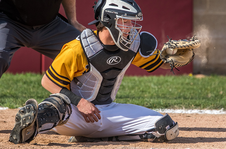 St. John Vianney High School catcher Andrew Keck caught all seven innings pitcher Luke Mann threw in a game against De Smet Jesuit High School. Keck, who entered the Catholic Church at the Easter Vigil this year, is a leader for Vianney’s baseball team.