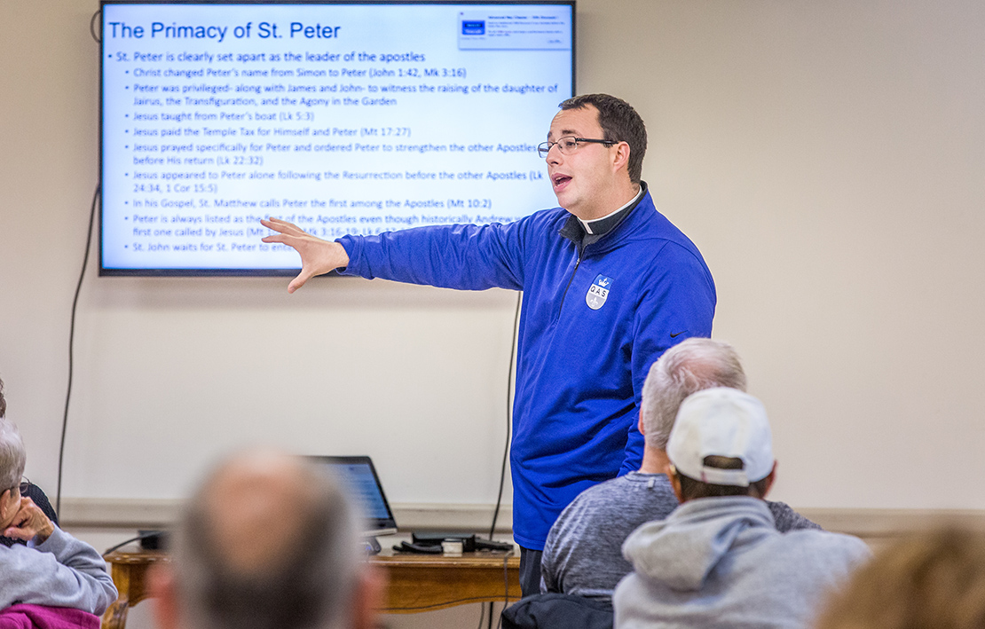 Father Peter Fonseca hosts a Catholicism 101 session
each week for anyone in the Queen of All Saints Parish.
The event, which is focused on adult faith formation, is
timed to the PSR sessions so that parents can attend.