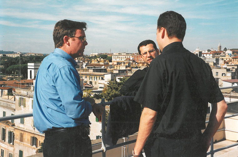 Then-seminarians, from left, Don Kettle, Ragheed Ganni and James Mason visited at the Pontifical Irish College in Rome, circa 1999 or 2000. Father Mason keeps this photo and a holy card of Father Ganni in his breviary.