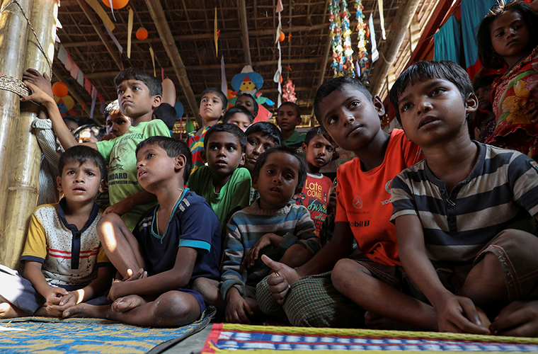 Rohingya refugee children gathered in a playground Dec. 18 at the Kutupalong refugee camp near Cox’s Bazar, Bangladesh. The plight of Rohingya refugees was mentioned in the U.S. State Department’s annual International Religious Freedom Report.