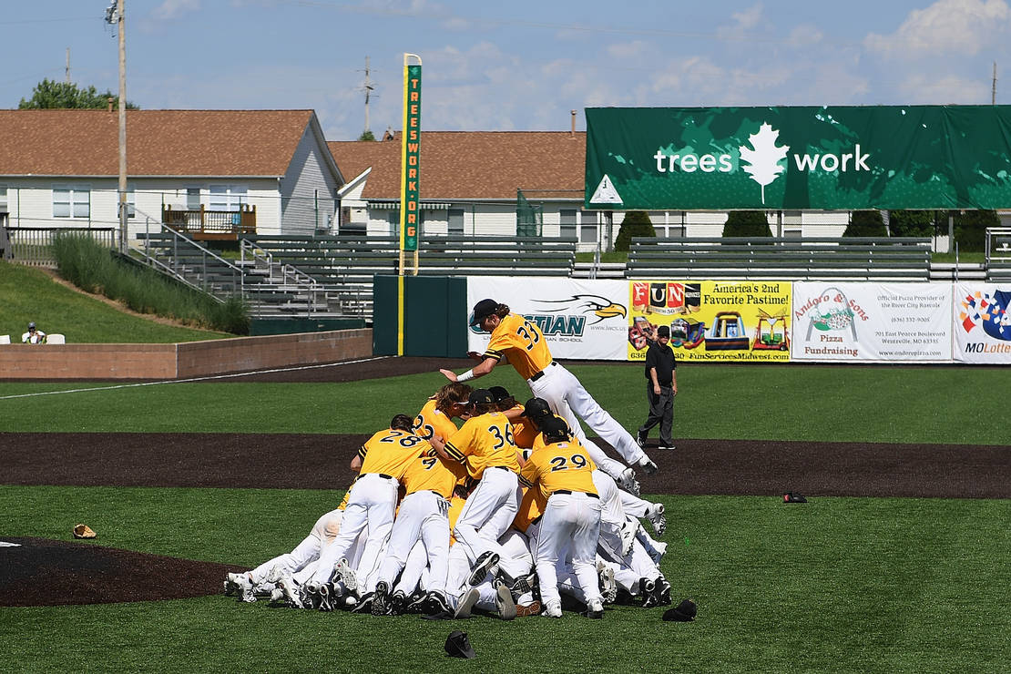 Members of the St. John Vianney High School baseball team celebrated after defeating Columbia Hickman High School to win the MSHSAA Class 5 baseball state championship on June 1 at Car Shield Field in O’Fallon. Vianney won the title after losing in the semifinals last season.