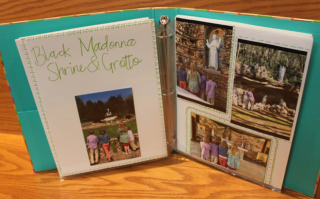 A visit to the Black Madonna Shrine and Grottos in Eureka was chronicled in two pages in a scrapbook the Blanner family created of their visits to various churches and shrines. The family was participating in the pilgrimage challenge issued by the faith development committee of St. Margaret Mary Alacoque Parish.