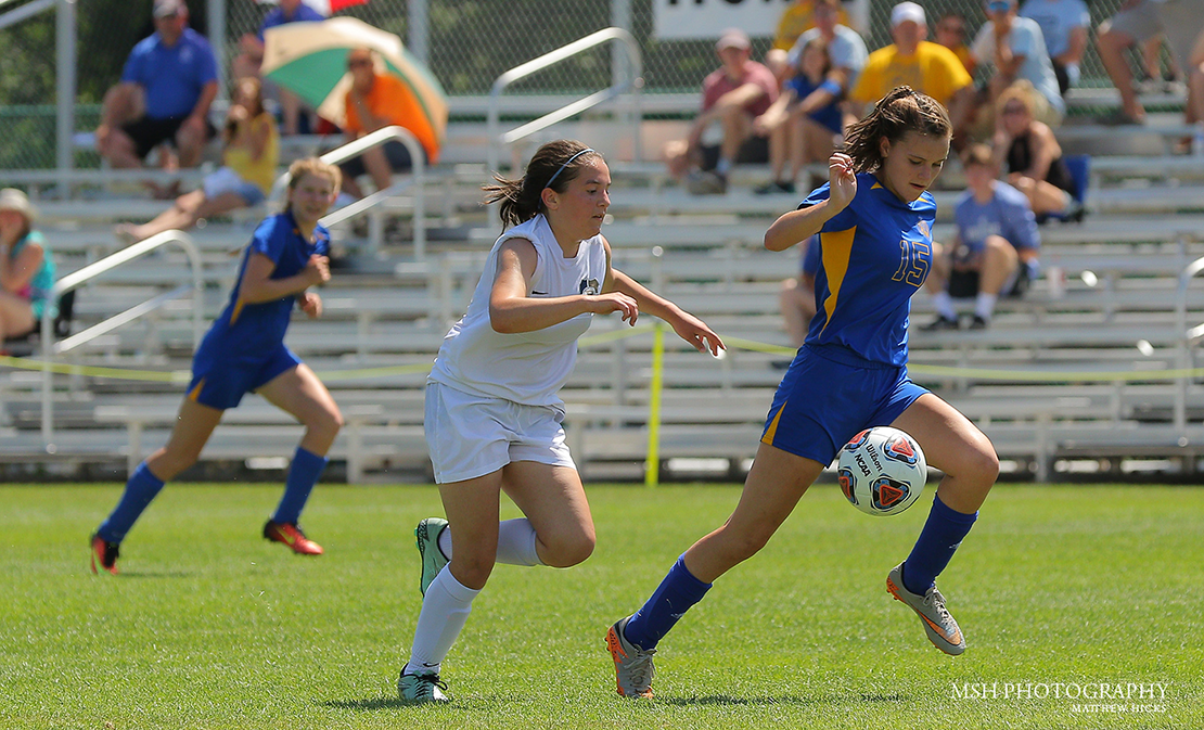 St. Vincent High School’s Genevieve Lipe moved the ball down the field against Principia in the MSHSAA Class 1 Girls Soccer Championship May 31 at Swope Village in Kansas City, Mo. Lipe scored a goal in her team’s 2-0 victory, the second consecutive soccer title for St. Vincent.