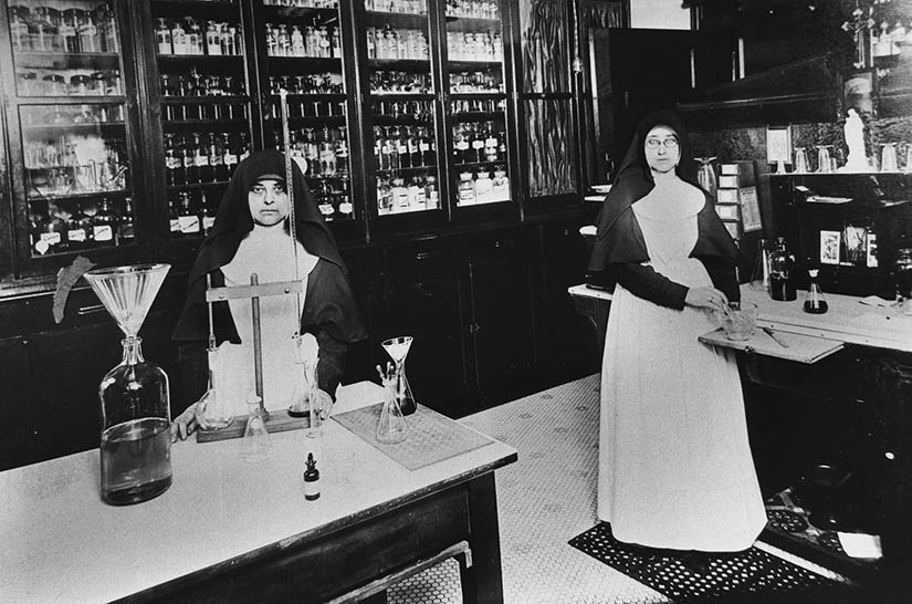 Two Sisters of St. Mary (later Franciscan Sisters of Mary) worked in the pharmacy at St. Mary’s Infirmary in the 1900s. St. Mary’s Infirmary was the first hospital opened by the congregation in 1887.