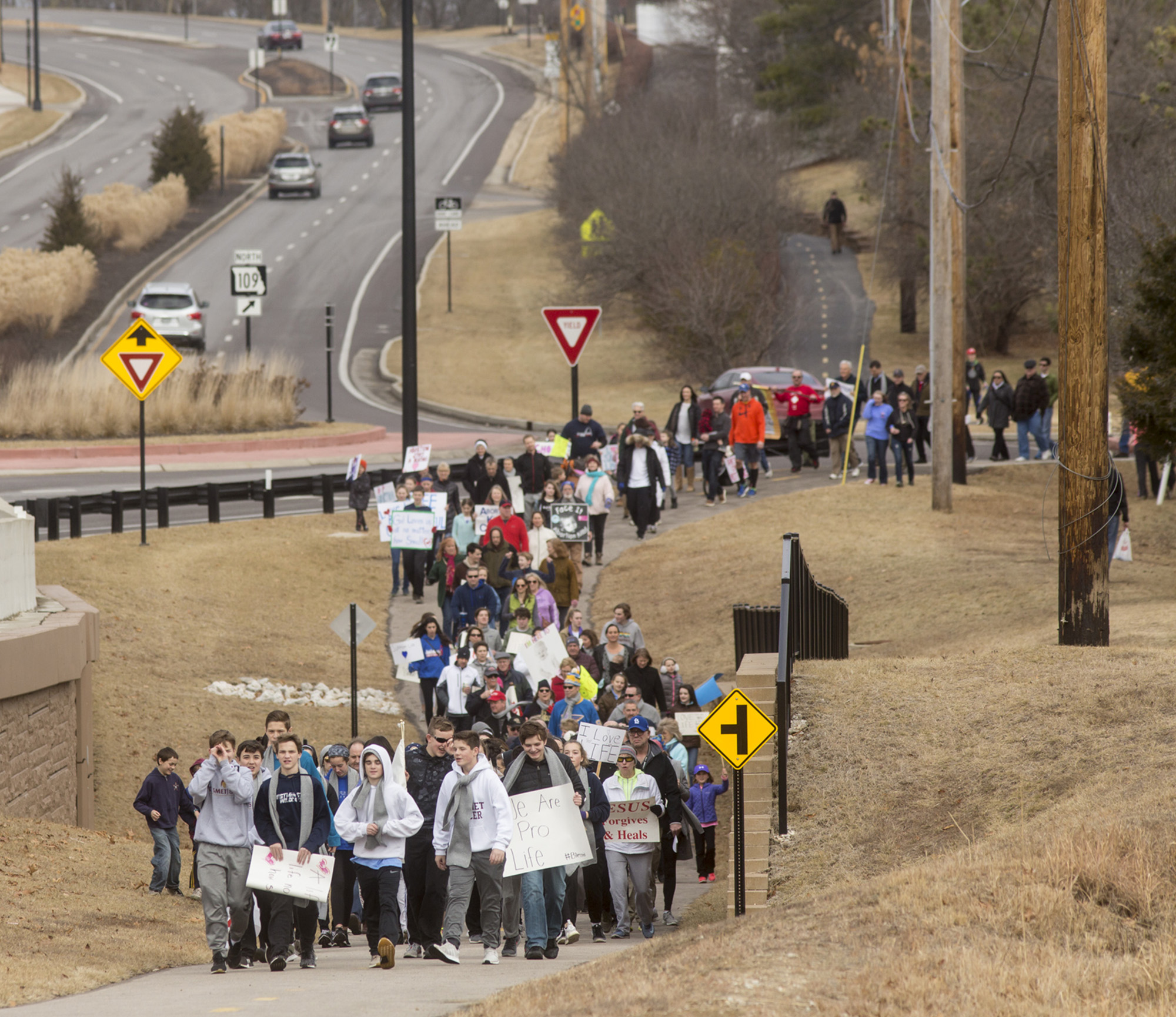 Walkers participated Saturday in a march for life and rally hosted by the middle school ministry at St. Alban Roe School. The crowd marched from the school down Missouri Route 109 to Wildwood City Hall for a rally that included an address from Mayor Jim Bowlin.