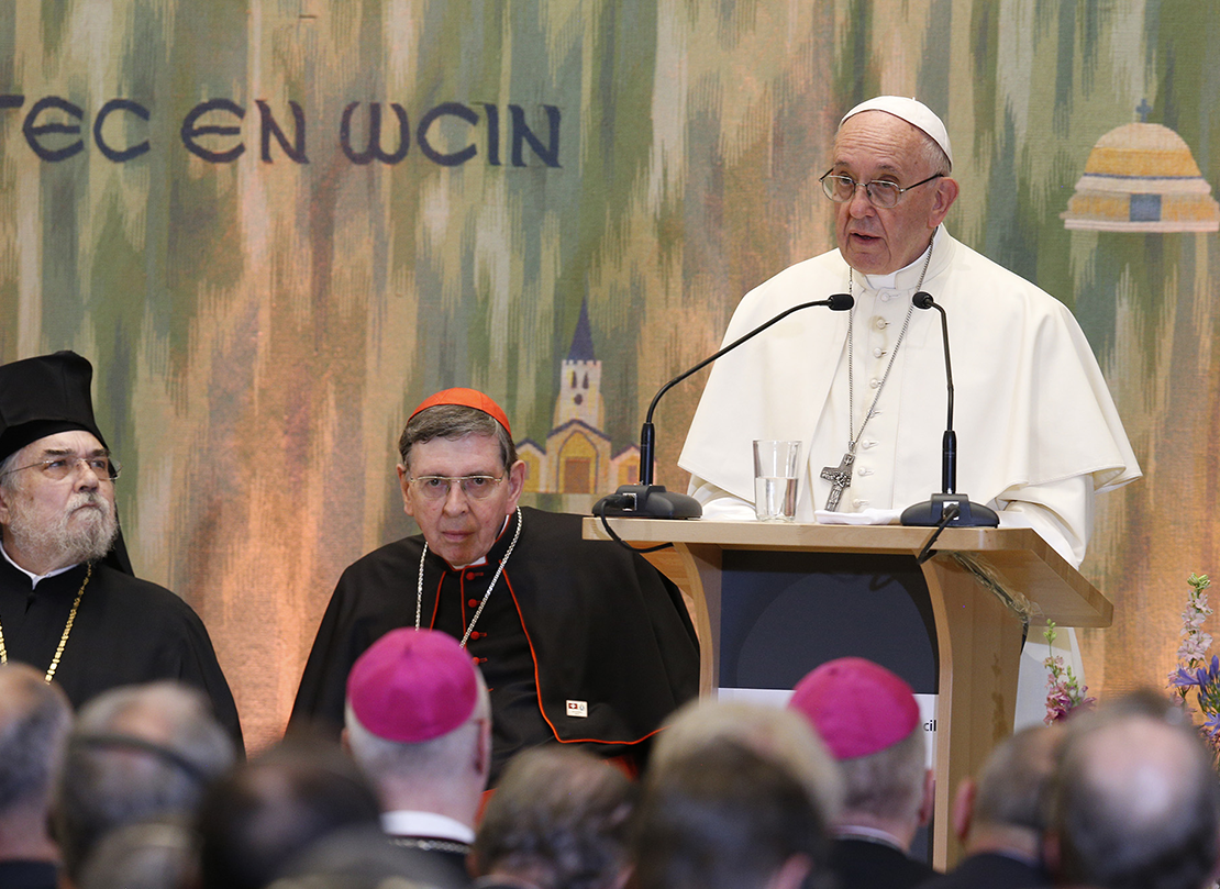 Pope Francis attended an encounter at the World Council of Churches’ ecumenical center in Geneva June 21.