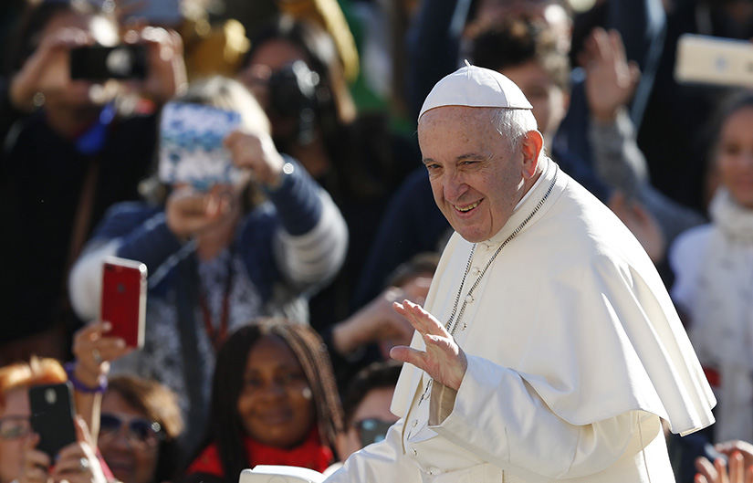 Pope Francis greeted the crowd at his general audience Oct. 24 in St. Peter’s Square at the Vatican. In his talk on the Sixth Commandment, the pope called for stronger preparation for the sacrament of marriage.