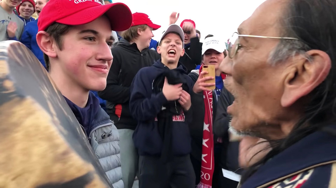 Students from Covington Catholic High School in Park Hills, Ky., stood in front of Native American Vietnam veteran Nathan Phillips Jan. 18 near the Lincoln Memorial in Washington in this still image from video. An exchange between the students and Phillips Jan. 18 was vilified on social media the following day, but the immediate accusations the students showed racist behavior were stepped back as details of the entire situation emerged.