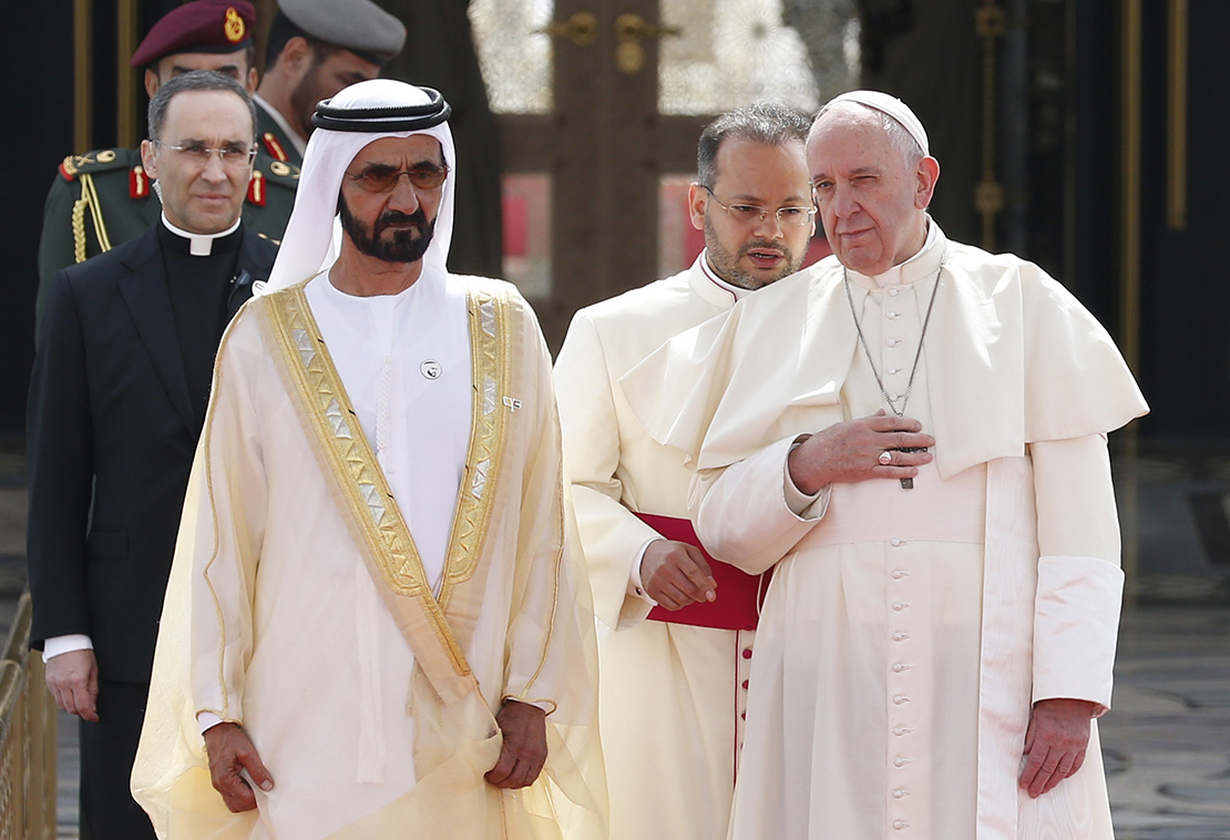 Pope Francis attended a welcoming ceremony with Sheik Mohammed bin Rashid Al Maktoum, vice president and prime minister of the United Arab Emirates and ruler of Dubai, at the entrance to the presidential palace in Abu Dhabi, United Arab Emirates, Feb. 4.