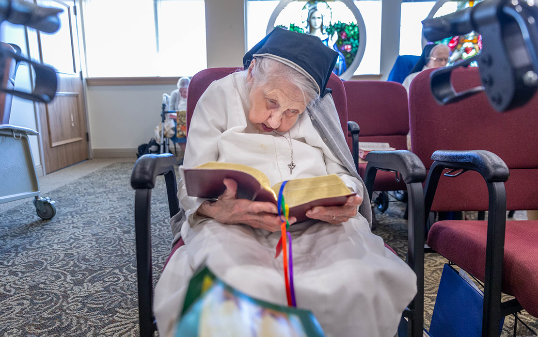 Sister Josephine Fritz prayed in adoration and evening prayer with her Good Shepherd community at the Mason Pointe Care Center in St. Louis. Sister Josephine wanted to be a missionary, but after a diagnosis of tuberculosis felt that the Sisters of the Good Shepherd were where God “wanted me to be.”