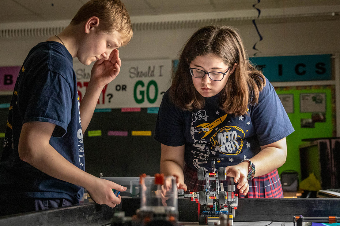 Jason Wetter and Maura Toney worked after school on their team’s robot at Sacred Heart School in Valley Park on March 29. At the FIRST World Festival in Houston April 17-20, the Albots finished 5th in the United States in their age group and 18th internationally in their age group.
